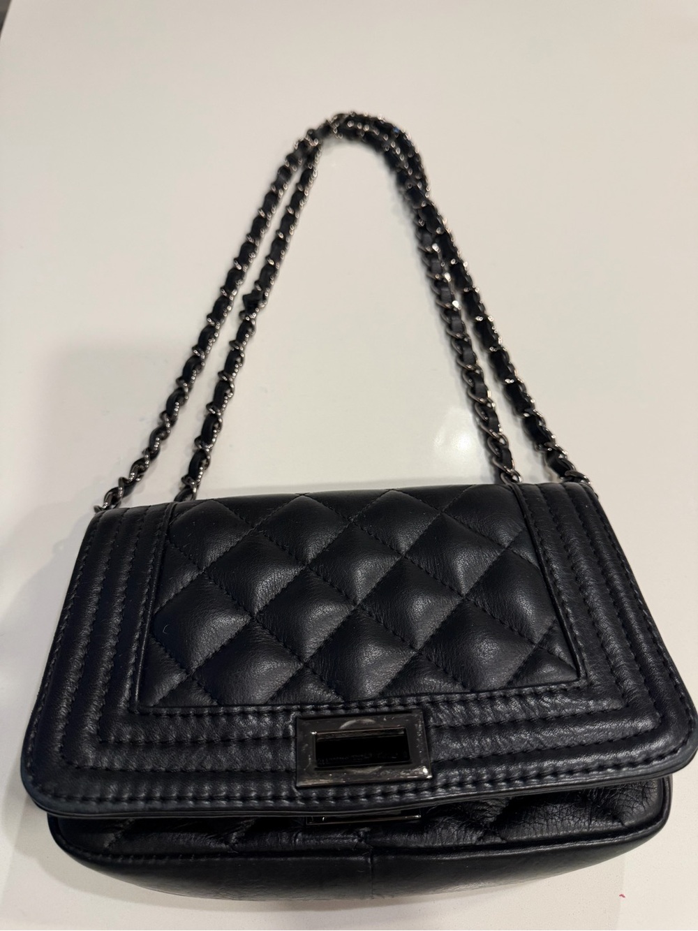 Black Quilted Shoulder or Crossed Body Bag with Chain Strap